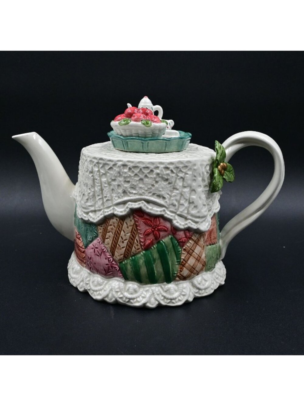 Fitz & Floyd Christmas Quilt‎ & Lace Doily Teapot Vintage 1992